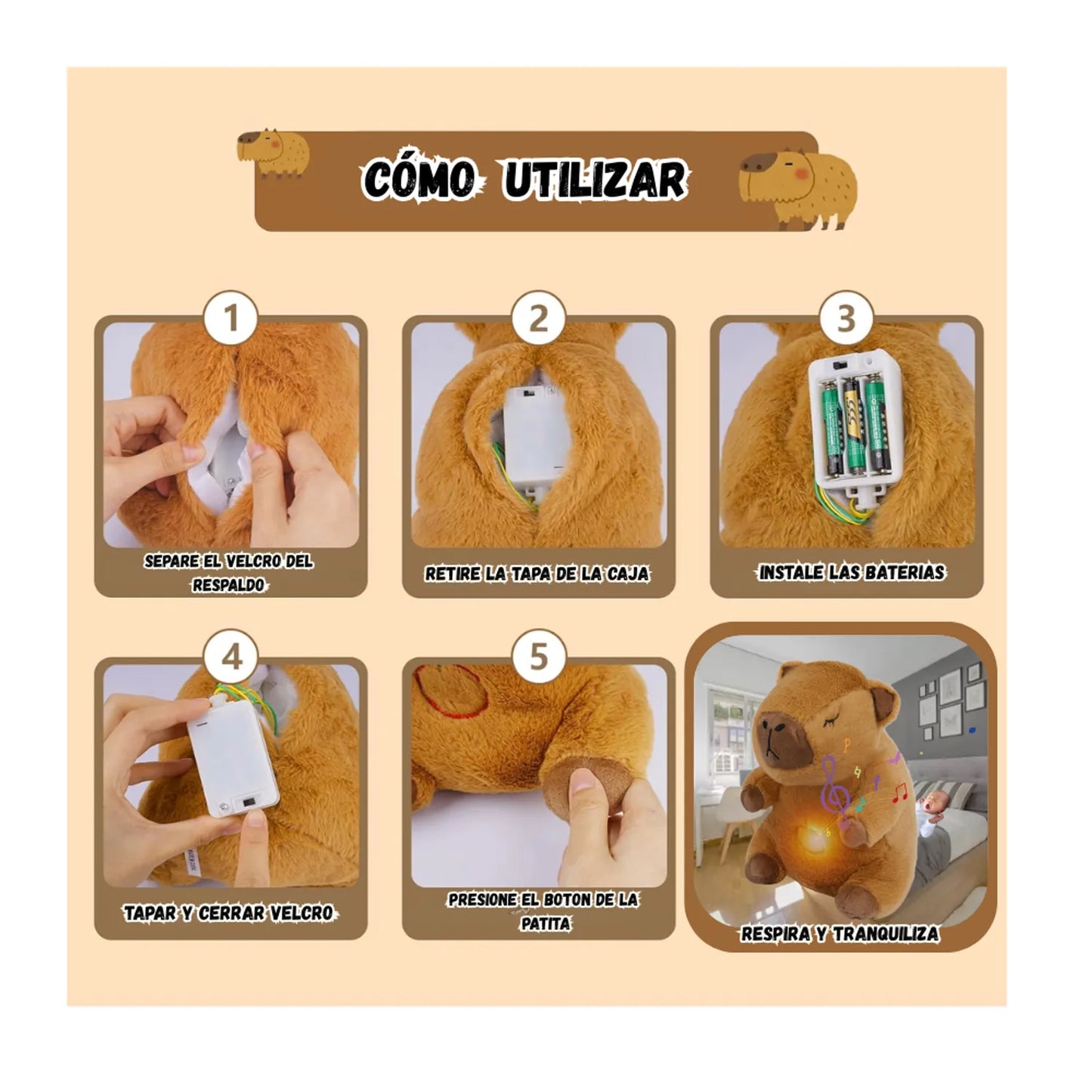 PELUCHE CAPIBARA: RESPIRACIÓN - MÚSICA - LUZ LED ✨ 3 EN 1 - ENVÍO GRATIS 🚚